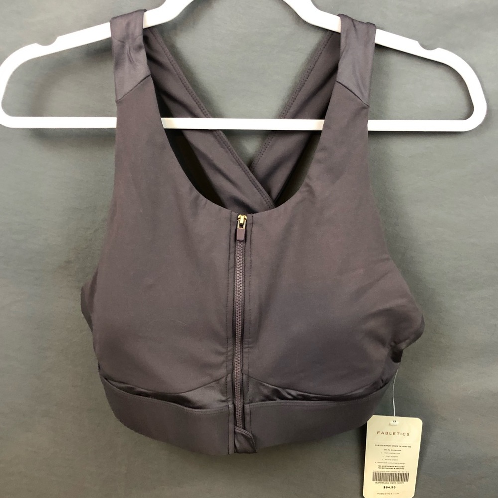 Purple front zipper Fabletics sports bra